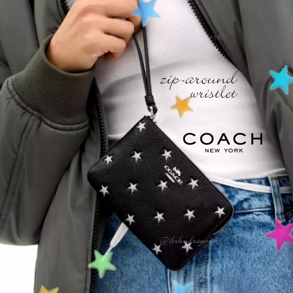 Coach Stars Black Leather Wristet Clutch Silver Stars Small Travel Mini Bag NWT - Picture 1 of 9